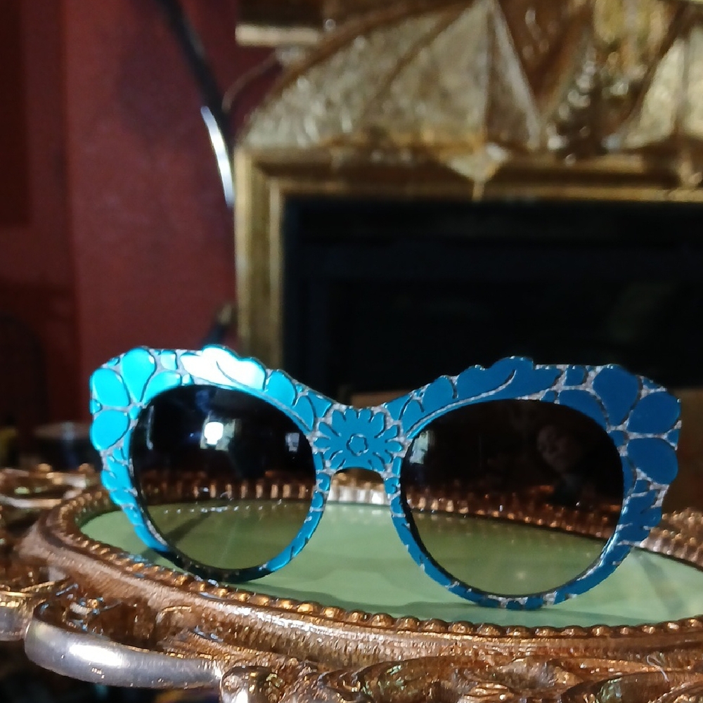🌸 Dolce & Gabbana Blue Floral Cat Eye Sunglasses Boho Teal Metallic Acetate